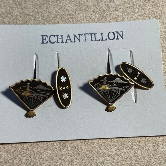 Vintage Japanese Damascene Fan Black and Gold inlay Cuff Links - Picture 1 of 4